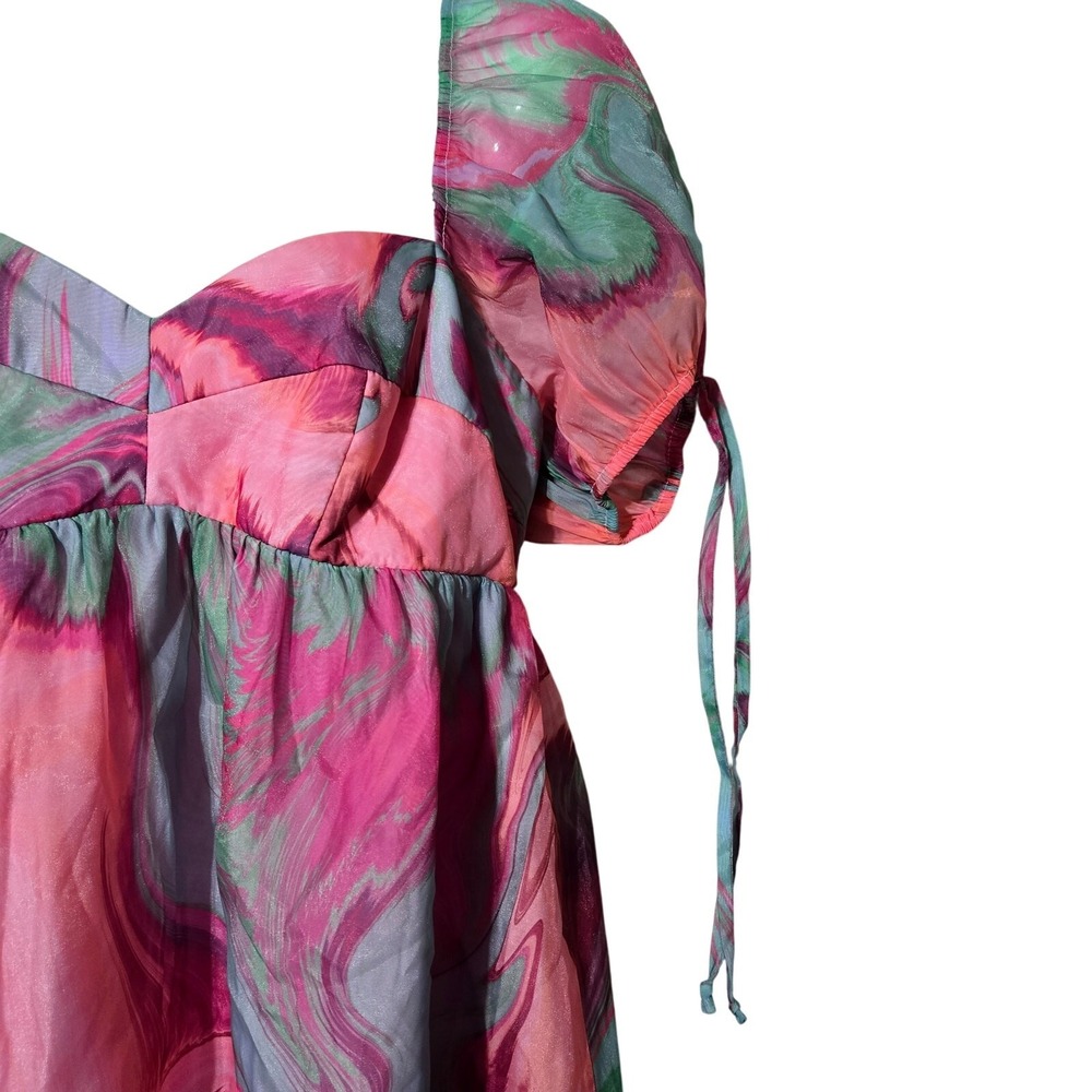 Amanda Richardson Pink Floral Babydoll Dress L Puff Sleeve Tie Front CottageCore - Picture 12 of 13